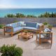 Noble House Brava Teak Brown 5 pc Wood Patio Conversation Sectional Seating Set w/ Blue Cushions