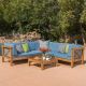 Noble House Brava Teak Finish 4-pc Wood Outdoor Sectional Set with Blue Cushions