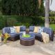 Noble House Brown 6 pc. Wicker Patio Sectional Seating Set w/ Navy Blue Cushions
