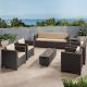 Noble House Carlysle Outdoor 7 Seater Wicker Dark Brown and Beige Chat Set w/ Fire Pit