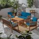 Noble House Carolina Brown Patina 5-pc Wood Conversation Seating Set with Dark Teal Cushions