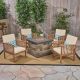 Noble House Carolina Brown Patina 5-pc Wood Patio Fire Pit Conversation Set with Cream Cushions