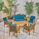 Noble House Carolina Brown Patina 6-Piece Wood Patio Conversation Set with Dark Teal Cushions
