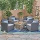 Noble House Folsom Charcoal 5-pc Faux Wicker Patio Fire Pit Conversation Set with Light Grey Cushions