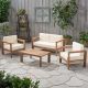 Noble House Genser Brown 4 pc Acacia Wood Patio Conversation Set w/ Beige Cushions