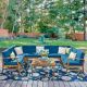 Noble House Giancarlo Teak 10-Piece Wood Outdoor Sectional Set with Blue Cushions