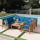 Noble House Giancarlo Teak Finish 9-pc Wood Outdoor Sectional Set with Blue Cushions