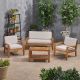 Noble House Grenada Teak Brown 4-Piece Wood Patio Conversation Set w/ Sunbrella Silver Cushion