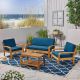 Noble House Grenada Teak Brown 4-Piece Wood Patio Conversation Set w/ Teal Cushion