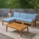 Noble House Grenada Teak Brown 5-pc Acacia Wood Patio Conversation Sectional Seating Set w/ Blue Cushions