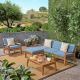 Noble House Grenada Teak Brown 6-Piece Wood Patio Conversation Sectional Seating Set w/ Blue Cushions