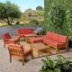 Noble House Grenada Teak Brown 9-Piece Wood Patio Conversation Set w/ Red Cushion