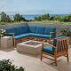 Noble House Illona Teak Brown 8-pc Wood Patio Fire Pit Sectional Seating Set with Blue Cushions