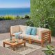 Noble House Jonah Teak Finish 2-pc Wood Patio Deep Seating Set w/ Beige Cushions - 3 Seater Sofa, Coffee Table