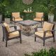 Noble House Kaula Teak Brown 5-pc Faux Wicker Patio Fire Pit Seating Set with Tan Cushions