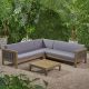 Noble House Linwood Grey 4 pc Wood and Wicker Patio Conversation Sectional Seating Set w/ Dark Grey Cushions