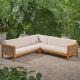 Noble House Linwood Teak Brown 3-pc Wood and Wicker Outdoor Sectional Set with Beige Cushions