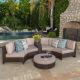 Noble House Madras Brown 6-pc Wicker Outdoor Sectional Set with Textured Beige Cushions