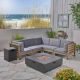 Noble House Malawi Grey 7-Piece Wood Patio Fire Pit Sectional Seating Set with Dark Grey Cushion and Dark Grey Fire Pit