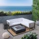 Noble House Malawi Grey 7 pc. Wood Patio Fire Pit Sectional Seating Set w/ White Cushions