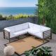 Noble House Oana Grey 5-pc V-Shaped Wood Patio Conversation Sectional Seating Set with White Cushions