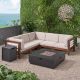 Noble House Oana Teak Brown 7-pc Wood Patio Fire Pit Sectional Seating Set with Beige Cushions