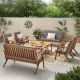 Noble House Panama Teak Brown 8-Piece Wood Patio Conversation Set w/ Dark Grey Cushions