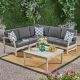 Noble House Perla Light Grey 6-Piece Wood Patio Conversation Sectional Seating Set with Dark Grey Cushions