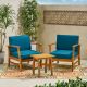 Noble House Perla Teak Brown 3 pc Wood Patio Conversation Seating Set w/ Blue Cushions