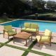 Noble House Perla Teak Brown 5-Piece Wood Patio Conversation Seating Set with Green Cushions