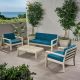 Noble House Santa Ana Brushed Light Grey Washed 4-pc Wood Patio Conversation Seating Set with Dark Teal Cushions