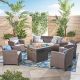 Noble House Selway Brown 6 pc. Plastic Patio Fire Pit Conversation Set w/ Beige Cushions