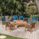 Noble House Thalia Brown 8-Piece Wood Patio Conversation Set with Dark Teal Cushions