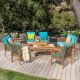 Noble House Thalia Brown 8-pc Wood Patio Conversation Set with Teal Cushions