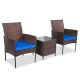Pyramid Home Decor Alvino 3-pc Wicker Rattan Outdoor Patio Bistro Set, Chairs with Thick Dark Blue Cushion and Glass Top Coffee Table