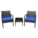 Pyramid Home Decor 3-Piece Rattan Bistro Set Chair w/ Thick Cushions and Glass Top Coffee Table (Dark Blue)