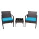 Pyramid Home Decor 3-Piece Rattan Bistro Set Chair w/ Thick Cushions and Glass Top Coffee Table (Light Blue)