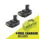RYOBI ONE+ 18V Lithium-Ion 2.0 Ah Compact Battery (2-Pack) with 6-Port Charger