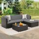 Sonkuki 5-Piece Brown Rattan Wicker Outdoor Patio Sectional Sofa Set With Thick Gray Cushions and Tempered Glass Table