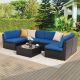 Brown 7-Piece Rattan Wicker Outdoor Patio Sectional Sofa Set w/ Thick Blue Cushions and Tempered Glass Table