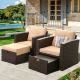 2 Piece Wicker Outdoor Patio Sectional Conversation Seating Set with BEIGE Cushions and Ottoman