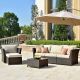 Rimaru 6-Piece Wicker Outdoor Patio Sectional Conversation Set w/ Beige Cushions and Tea Table