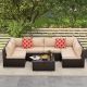 7-Piece Wicker Outdoor Sectional Set with Glass Table Beige Cushions and Pillows