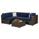 5-Piece Wicker Patio Conversation Sectional Seating Set with Navy Cushion