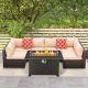 8-Piece Wicker Patio Fire Pit Set with Beige Cushions, 50,000 BTU Auto-Ignition Gas Brown Fire Table w/Wind Guard