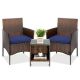 Brown 3-Piece Wicker Outdoor Bistro Set with Navy Cushions, 2 Chairs, Table