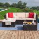 5-Pieces Wicker Patio Conversation Furniture Outdoor Rattan Sofa Set w/ Glass Coffee Table and Beige Cushion