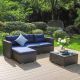 Rattan Outdoor Sectionals Conversation Set Sofas w/ Blue Cushions