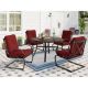 5-Piece Metal Patio Outdoor Dining Set with Wood-look Pattern Round Table and C-Spring Chair with Red Cushions