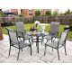 Black 5-Piece Metal Slat Round Table Patio Outdoor Dining Set w/ Padded Textilene Chairs